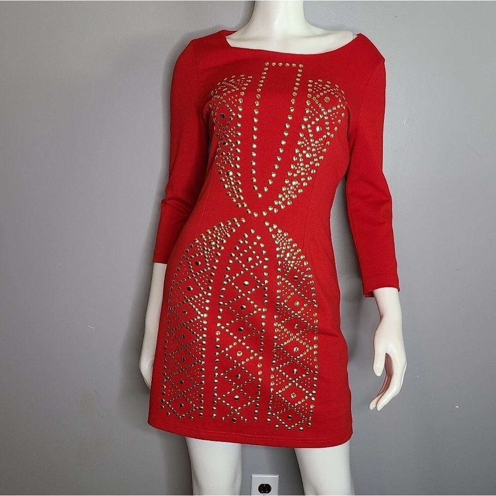 I. Madeline Red Dress Medium Gold Studded - Picture 5 of 11